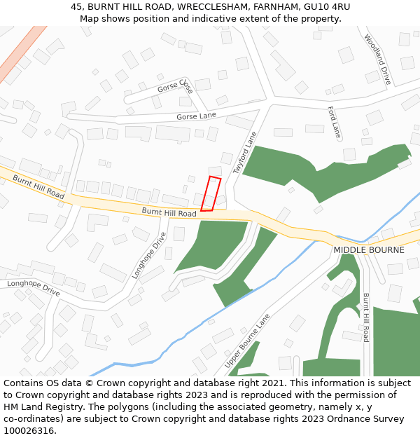 45, BURNT HILL ROAD, WRECCLESHAM, FARNHAM, GU10 4RU: Location map and indicative extent of plot