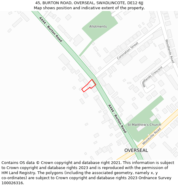 45, BURTON ROAD, OVERSEAL, SWADLINCOTE, DE12 6JJ: Location map and indicative extent of plot