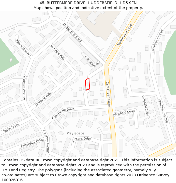 45, BUTTERMERE DRIVE, HUDDERSFIELD, HD5 9EN: Location map and indicative extent of plot