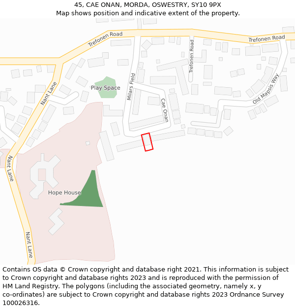 45, CAE ONAN, MORDA, OSWESTRY, SY10 9PX: Location map and indicative extent of plot