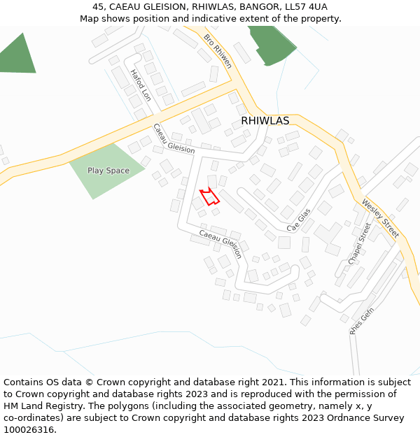 45, CAEAU GLEISION, RHIWLAS, BANGOR, LL57 4UA: Location map and indicative extent of plot