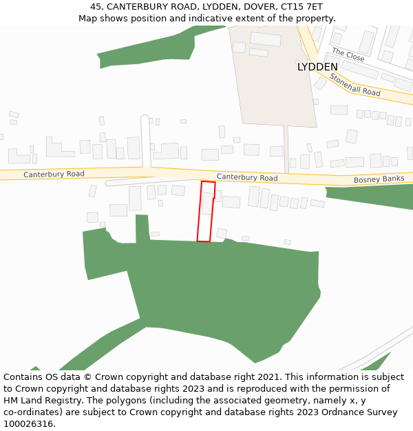 45, CANTERBURY ROAD, LYDDEN, DOVER, CT15 7ET: Location map and indicative extent of plot