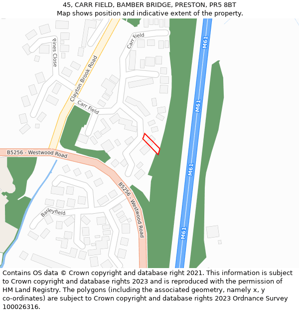 45, CARR FIELD, BAMBER BRIDGE, PRESTON, PR5 8BT: Location map and indicative extent of plot