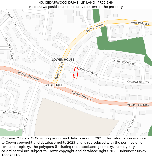 45, CEDARWOOD DRIVE, LEYLAND, PR25 1HN: Location map and indicative extent of plot