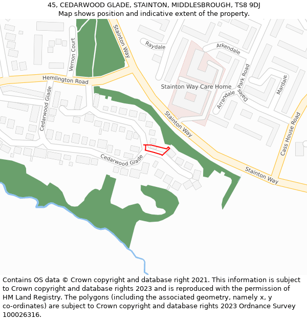 45, CEDARWOOD GLADE, STAINTON, MIDDLESBROUGH, TS8 9DJ: Location map and indicative extent of plot