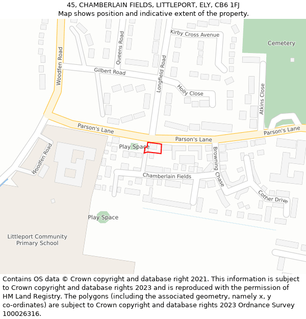 45, CHAMBERLAIN FIELDS, LITTLEPORT, ELY, CB6 1FJ: Location map and indicative extent of plot