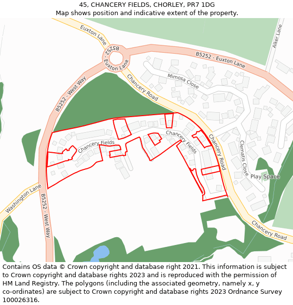 45, CHANCERY FIELDS, CHORLEY, PR7 1DG: Location map and indicative extent of plot