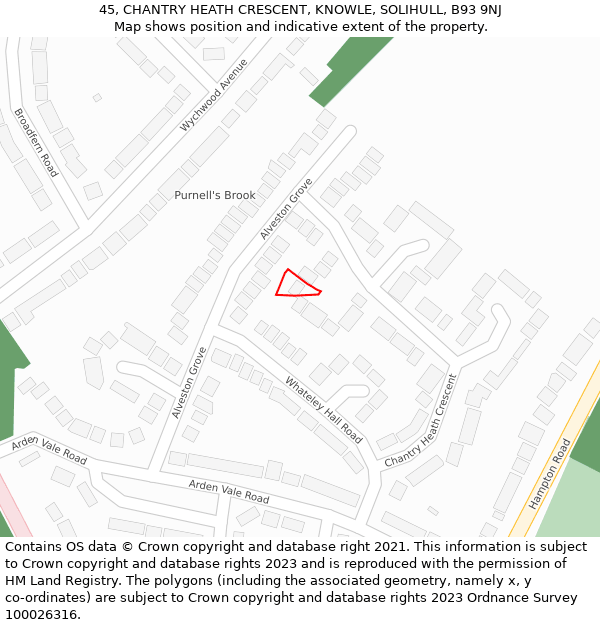 45, CHANTRY HEATH CRESCENT, KNOWLE, SOLIHULL, B93 9NJ: Location map and indicative extent of plot