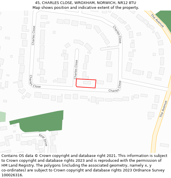 45, CHARLES CLOSE, WROXHAM, NORWICH, NR12 8TU: Location map and indicative extent of plot