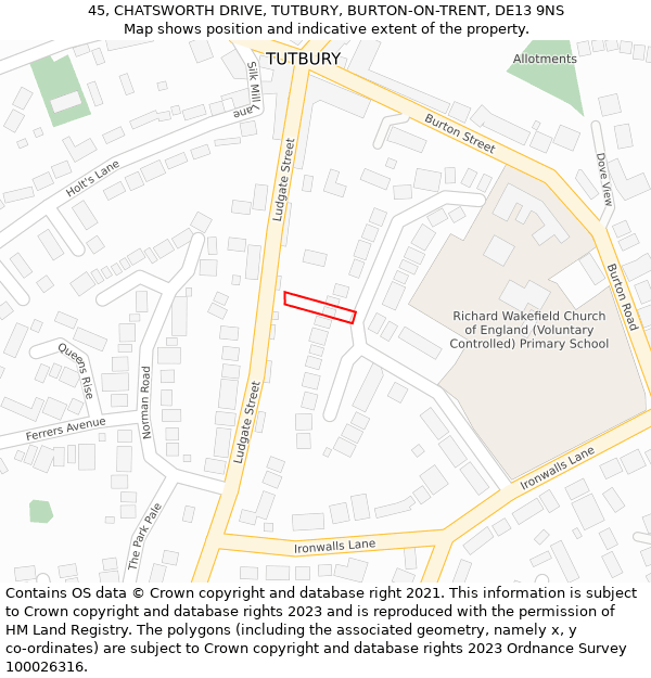 45, CHATSWORTH DRIVE, TUTBURY, BURTON-ON-TRENT, DE13 9NS: Location map and indicative extent of plot