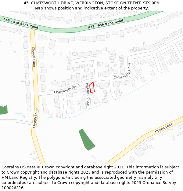 45, CHATSWORTH DRIVE, WERRINGTON, STOKE-ON-TRENT, ST9 0PA: Location map and indicative extent of plot