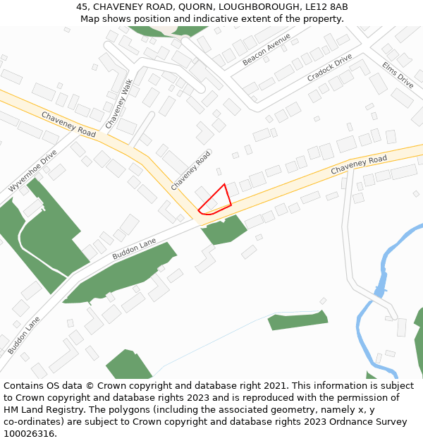 45, CHAVENEY ROAD, QUORN, LOUGHBOROUGH, LE12 8AB: Location map and indicative extent of plot