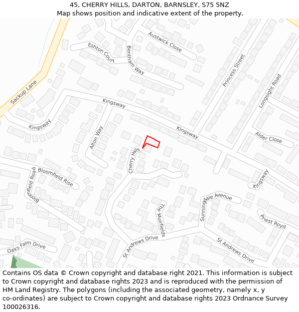 45, CHERRY HILLS, DARTON, BARNSLEY, S75 5NZ: Location map and indicative extent of plot