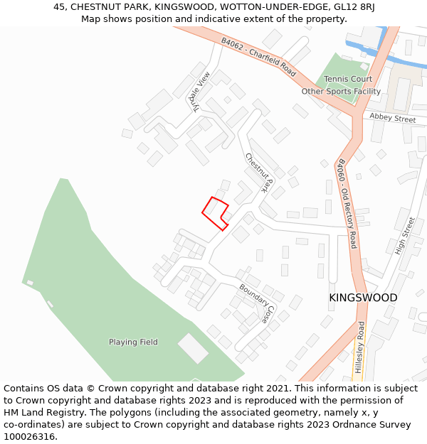 45, CHESTNUT PARK, KINGSWOOD, WOTTON-UNDER-EDGE, GL12 8RJ: Location map and indicative extent of plot