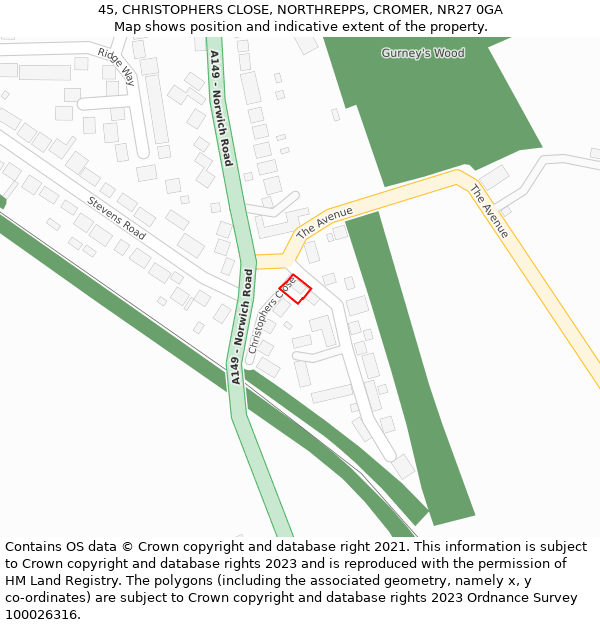 45, CHRISTOPHERS CLOSE, NORTHREPPS, CROMER, NR27 0GA: Location map and indicative extent of plot