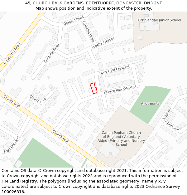 45, CHURCH BALK GARDENS, EDENTHORPE, DONCASTER, DN3 2NT: Location map and indicative extent of plot