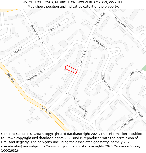 45, CHURCH ROAD, ALBRIGHTON, WOLVERHAMPTON, WV7 3LH: Location map and indicative extent of plot