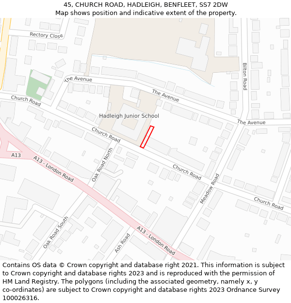 45, CHURCH ROAD, HADLEIGH, BENFLEET, SS7 2DW: Location map and indicative extent of plot