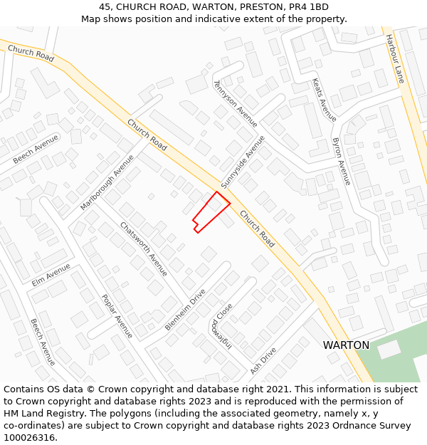 45, CHURCH ROAD, WARTON, PRESTON, PR4 1BD: Location map and indicative extent of plot