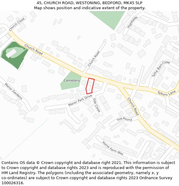 45, CHURCH ROAD, WESTONING, BEDFORD, MK45 5LP: Location map and indicative extent of plot