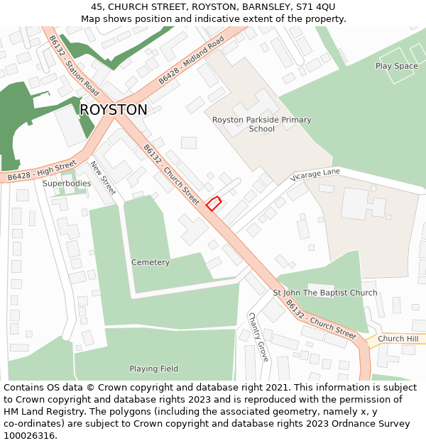 45, CHURCH STREET, ROYSTON, BARNSLEY, S71 4QU: Location map and indicative extent of plot