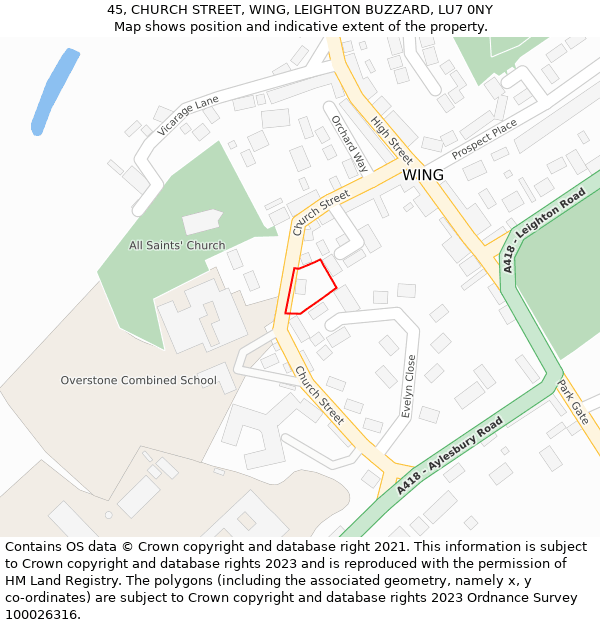45, CHURCH STREET, WING, LEIGHTON BUZZARD, LU7 0NY: Location map and indicative extent of plot