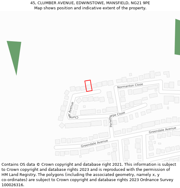 45, CLUMBER AVENUE, EDWINSTOWE, MANSFIELD, NG21 9PE: Location map and indicative extent of plot