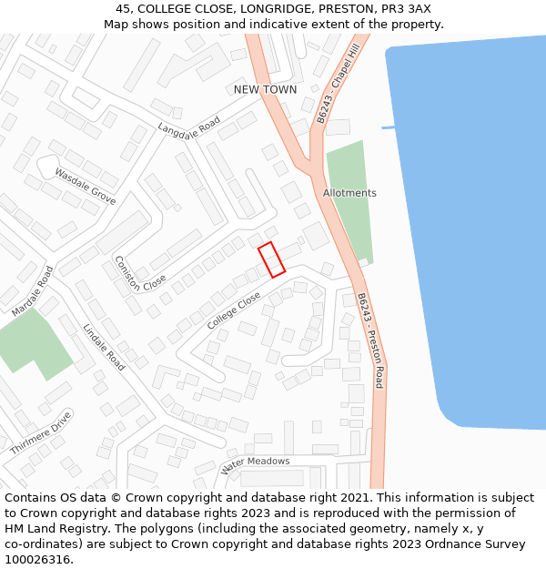 45, COLLEGE CLOSE, LONGRIDGE, PRESTON, PR3 3AX: Location map and indicative extent of plot