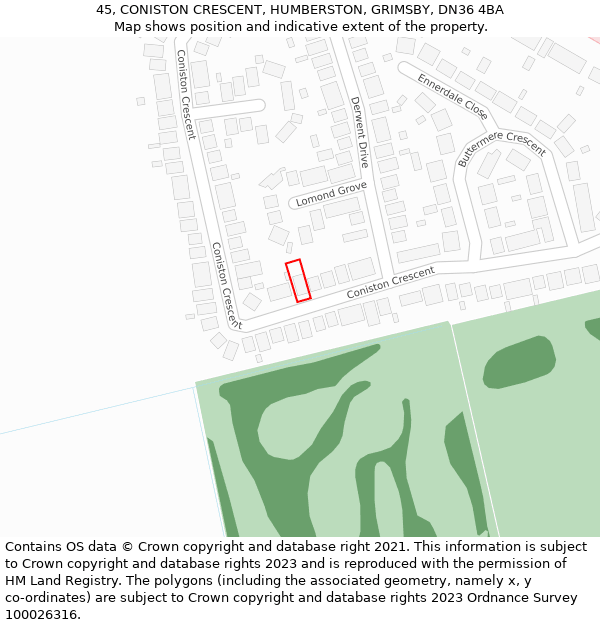 45, CONISTON CRESCENT, HUMBERSTON, GRIMSBY, DN36 4BA: Location map and indicative extent of plot