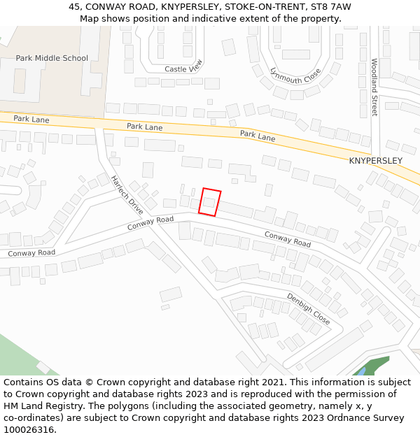 45, CONWAY ROAD, KNYPERSLEY, STOKE-ON-TRENT, ST8 7AW: Location map and indicative extent of plot