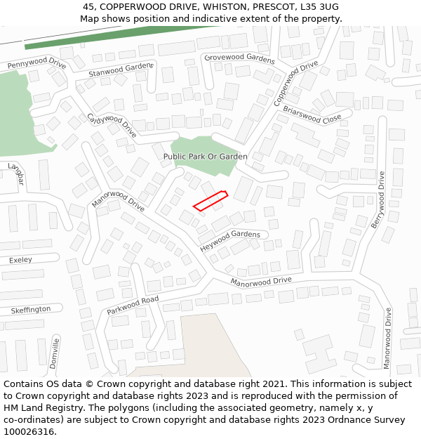 45, COPPERWOOD DRIVE, WHISTON, PRESCOT, L35 3UG: Location map and indicative extent of plot