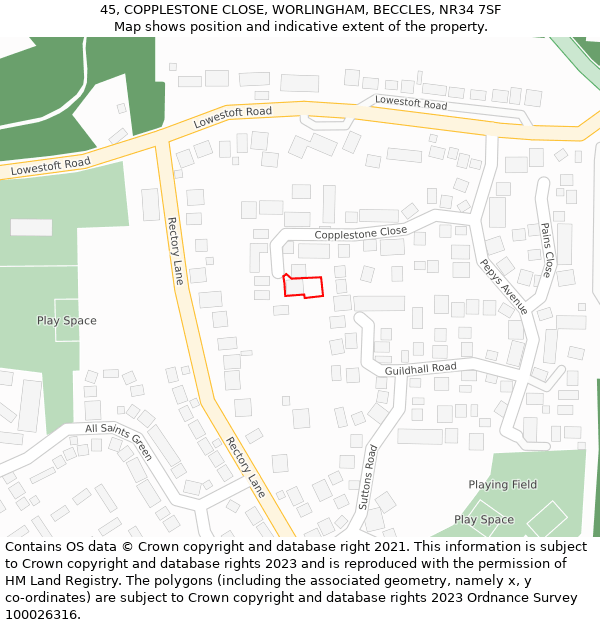 45, COPPLESTONE CLOSE, WORLINGHAM, BECCLES, NR34 7SF: Location map and indicative extent of plot