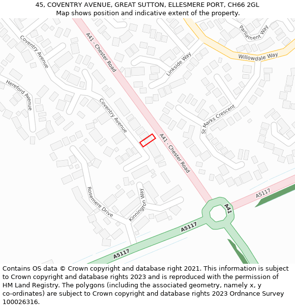 45, COVENTRY AVENUE, GREAT SUTTON, ELLESMERE PORT, CH66 2GL: Location map and indicative extent of plot