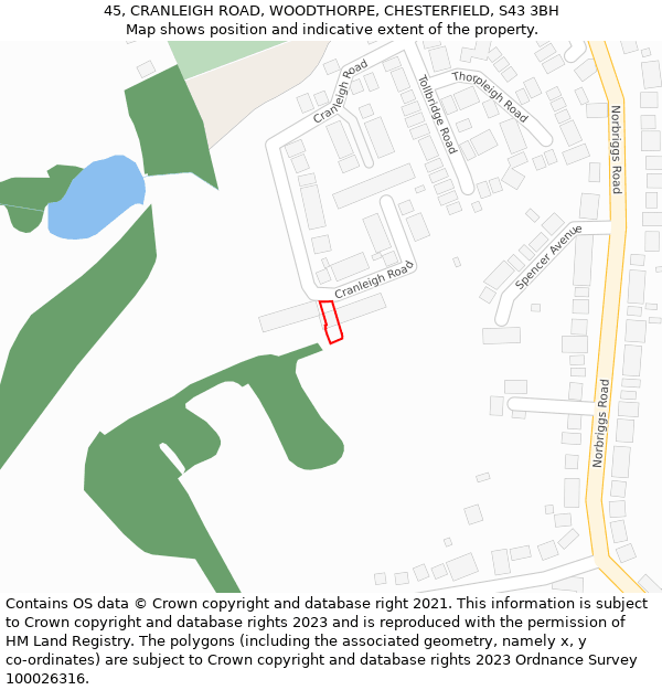 45, CRANLEIGH ROAD, WOODTHORPE, CHESTERFIELD, S43 3BH: Location map and indicative extent of plot