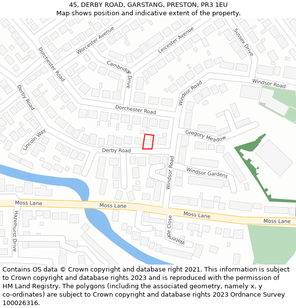 45, DERBY ROAD, GARSTANG, PRESTON, PR3 1EU: Location map and indicative extent of plot