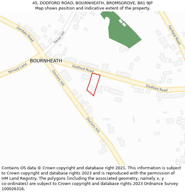 45, DODFORD ROAD, BOURNHEATH, BROMSGROVE, B61 9JP: Location map and indicative extent of plot