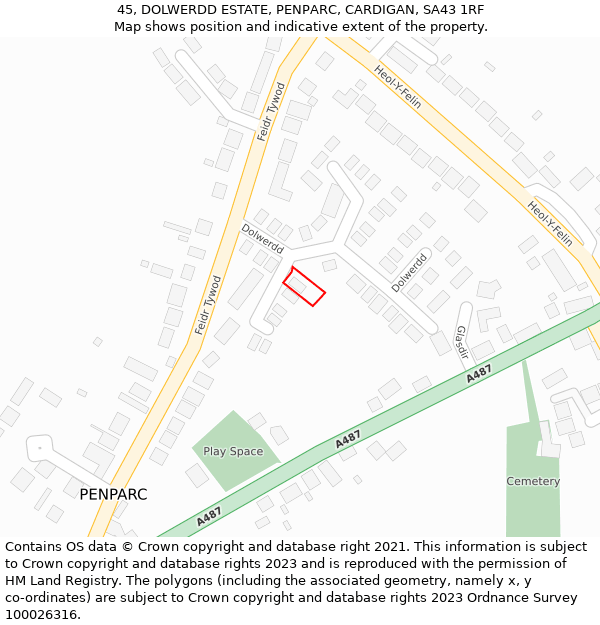 45, DOLWERDD ESTATE, PENPARC, CARDIGAN, SA43 1RF: Location map and indicative extent of plot