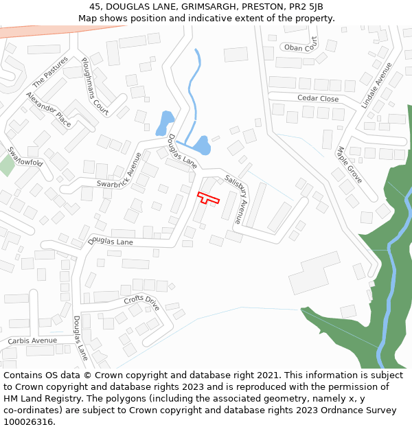 45, DOUGLAS LANE, GRIMSARGH, PRESTON, PR2 5JB: Location map and indicative extent of plot