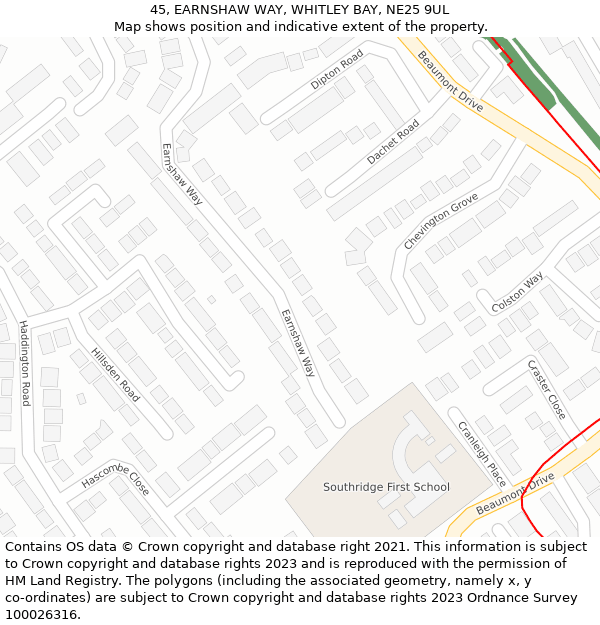 45, EARNSHAW WAY, WHITLEY BAY, NE25 9UL: Location map and indicative extent of plot