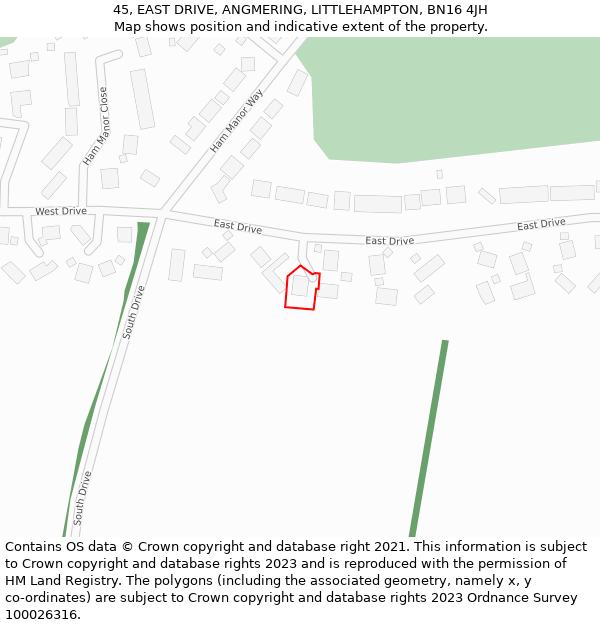 45, EAST DRIVE, ANGMERING, LITTLEHAMPTON, BN16 4JH: Location map and indicative extent of plot