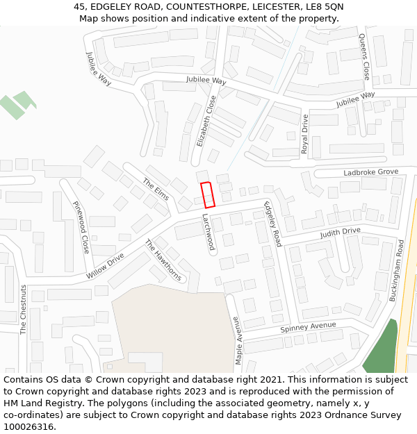 45, EDGELEY ROAD, COUNTESTHORPE, LEICESTER, LE8 5QN: Location map and indicative extent of plot