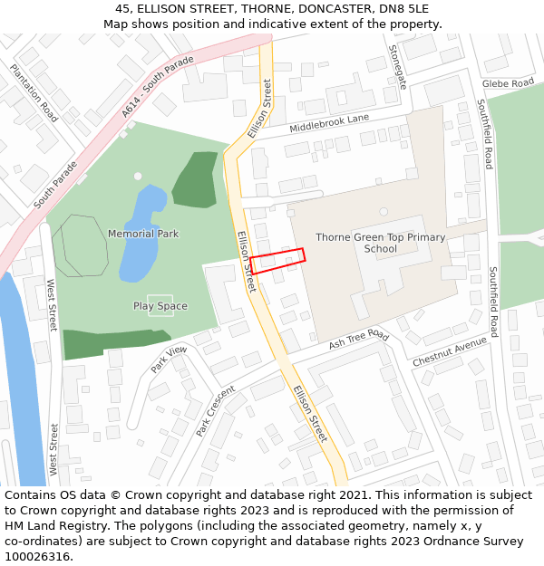 45, ELLISON STREET, THORNE, DONCASTER, DN8 5LE: Location map and indicative extent of plot