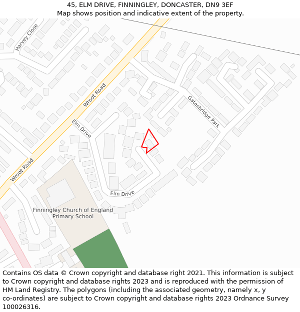 45, ELM DRIVE, FINNINGLEY, DONCASTER, DN9 3EF: Location map and indicative extent of plot