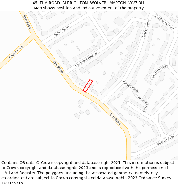 45, ELM ROAD, ALBRIGHTON, WOLVERHAMPTON, WV7 3LL: Location map and indicative extent of plot