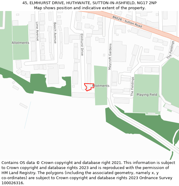 45, ELMHURST DRIVE, HUTHWAITE, SUTTON-IN-ASHFIELD, NG17 2NP: Location map and indicative extent of plot