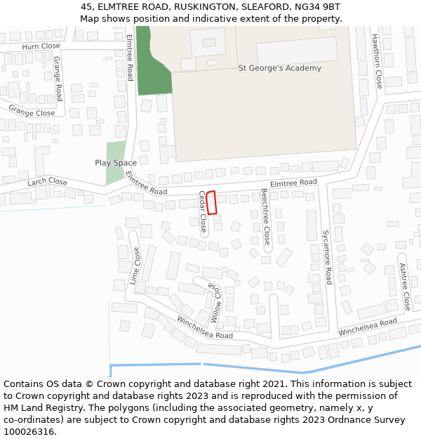 45, ELMTREE ROAD, RUSKINGTON, SLEAFORD, NG34 9BT: Location map and indicative extent of plot