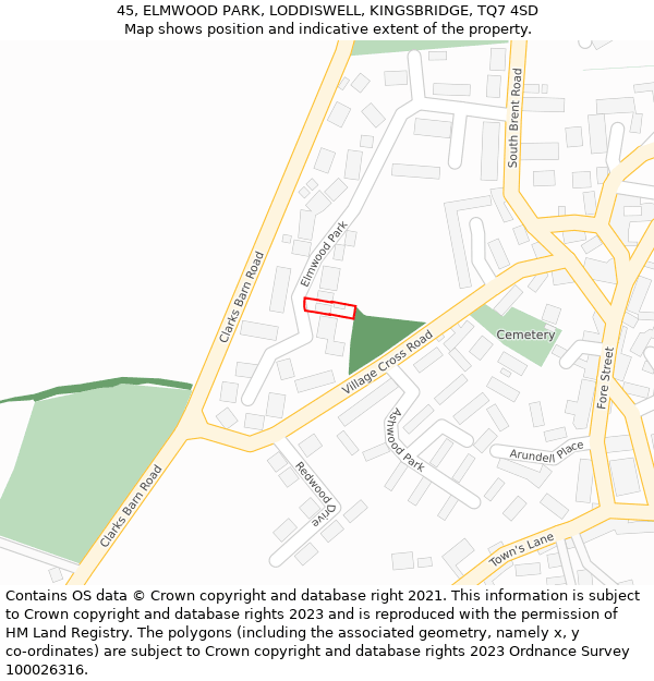 45, ELMWOOD PARK, LODDISWELL, KINGSBRIDGE, TQ7 4SD: Location map and indicative extent of plot