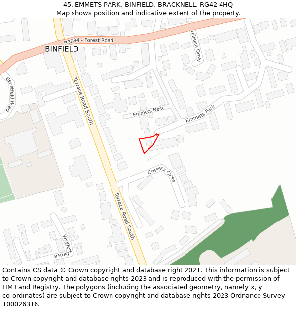 45, EMMETS PARK, BINFIELD, BRACKNELL, RG42 4HQ: Location map and indicative extent of plot