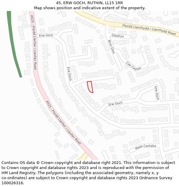 45, ERW GOCH, RUTHIN, LL15 1RR: Location map and indicative extent of plot