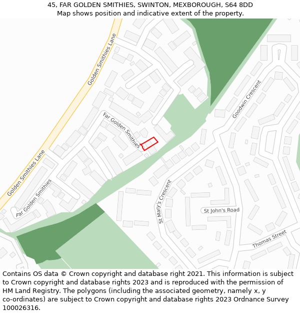 45, FAR GOLDEN SMITHIES, SWINTON, MEXBOROUGH, S64 8DD: Location map and indicative extent of plot